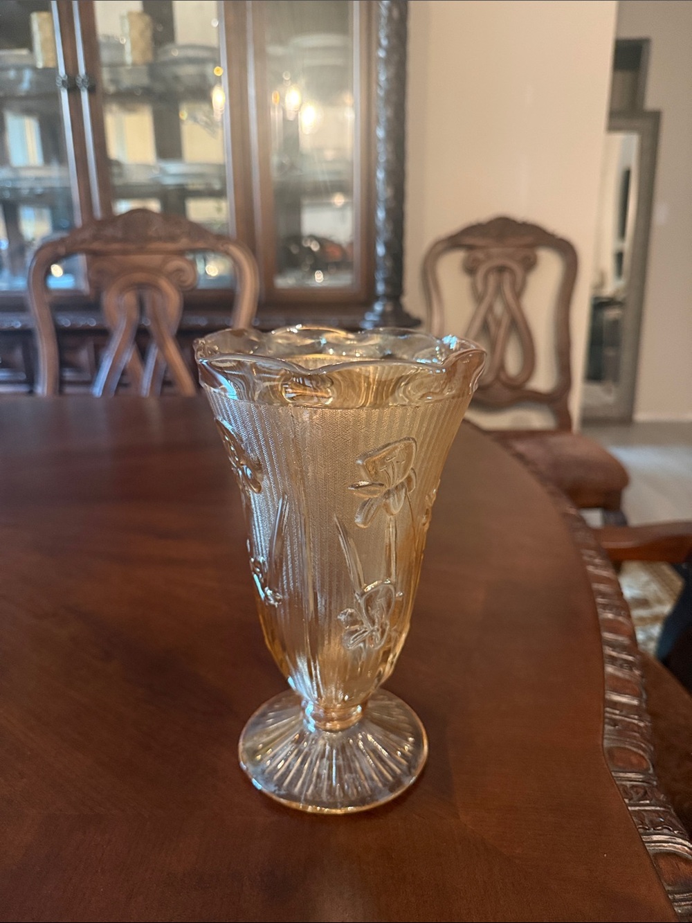 Jeanette Carnival Pressed Glass Flower Vase in Iris and Herringbone pattern.